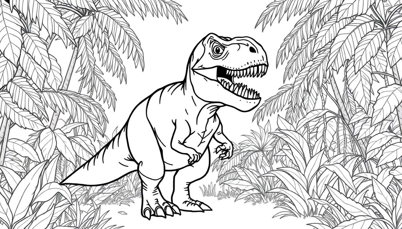 Un Tyrannosaure Rex dessiné en noir et blanc se tient dans une jungle dense, prêt à être colorié.