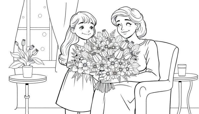 Une jeune fille offre des fleurs à une femme assise dans un fauteuil, illustration à colorier.