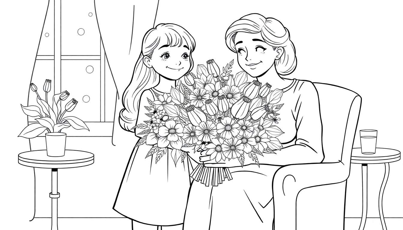 Une jeune fille offre des fleurs à une femme assise dans un fauteuil, illustration à colorier.