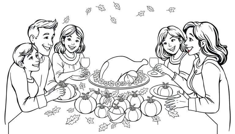 Une famille célèbre le Jour de l'Action de grâce autour d'une table ornée de citrouilles et d'une dinde.