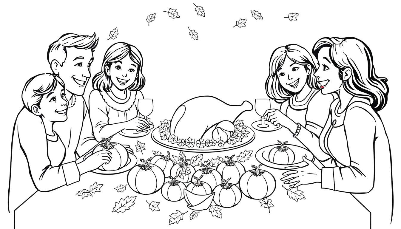 Une famille célèbre le Jour de l'Action de grâce autour d'une table ornée de citrouilles et d'une dinde.
