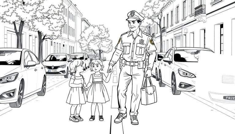 Un policier aide deux enfants à traverser la rue sur un passage clouté, style dessin au trait en noir et blanc.