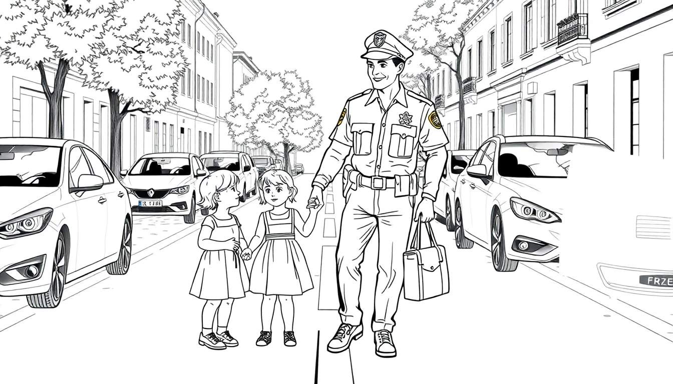 Un policier aide deux enfants à traverser la rue sur un passage clouté, style dessin au trait en noir et blanc.