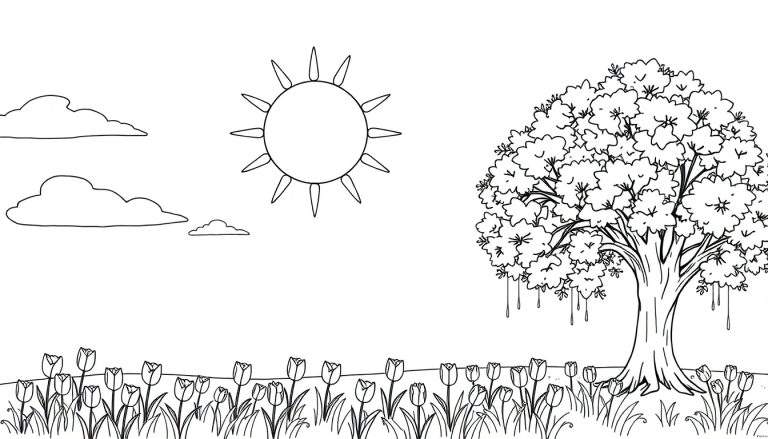 Un dessin au trait d'un champ de tulipes sous un ciel nuageux avec un soleil et un arbre.