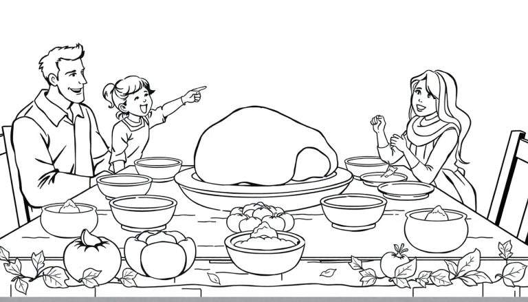 Dessin au trait noir et blanc d'une famille autour d'une table pour le dîner, avec des décorations de l'Action de grâce.