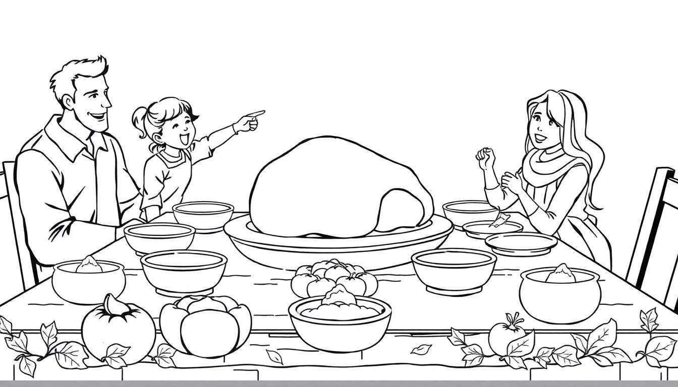 Dessin au trait noir et blanc d'une famille autour d'une table pour le dîner, avec des décorations de l'Action de grâce.