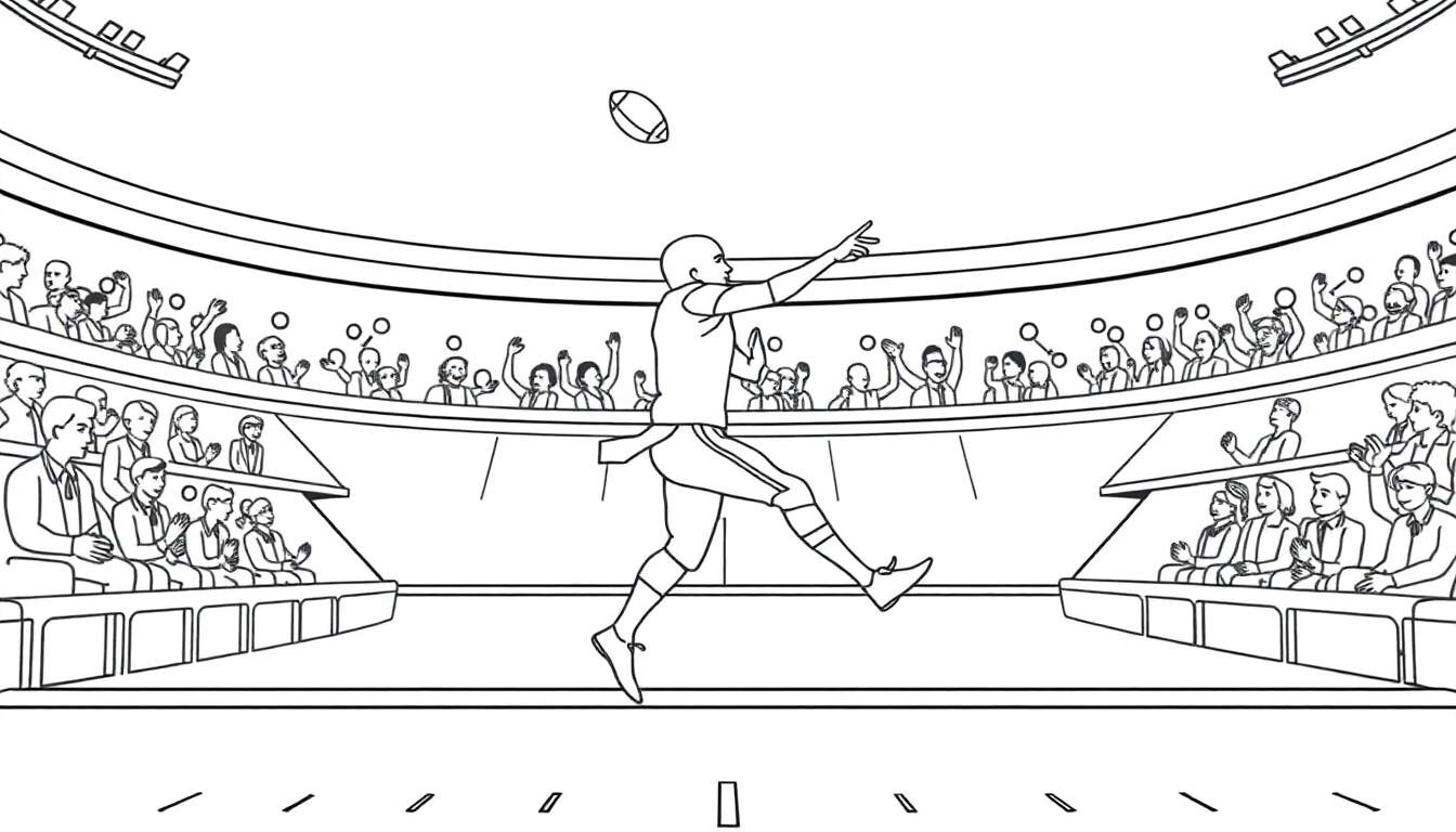Joueur de football américain attrapant le ballon, public coloré dans les tribunes.