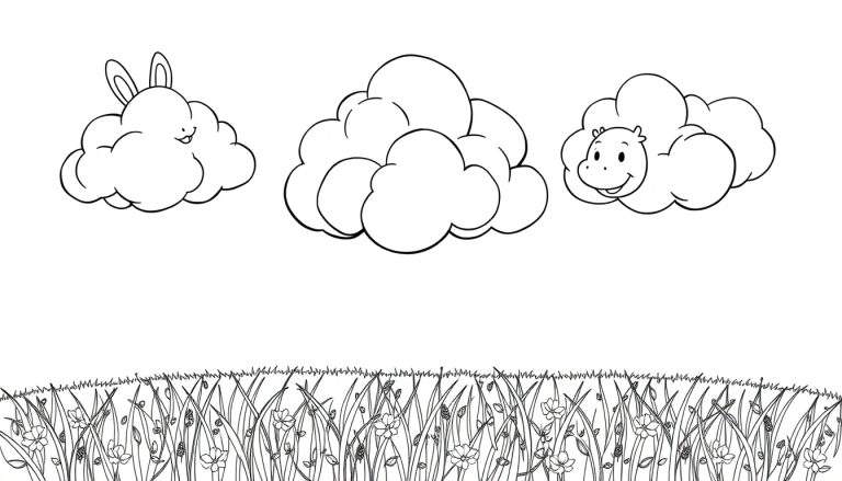 Dessin au trait d'un paysage avec des nuages amusants en forme d'animaux et un champ de fleurs.