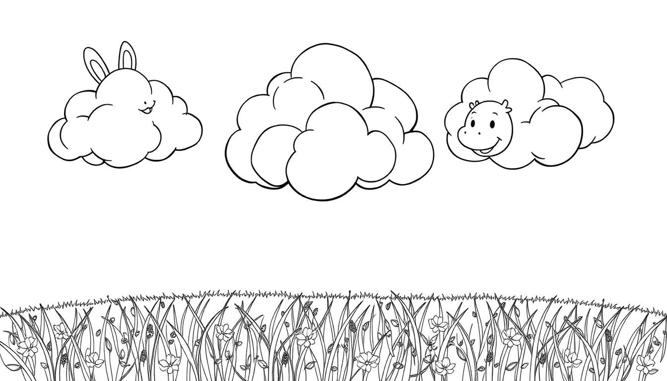 Dessin au trait d'un paysage avec des nuages amusants en forme d'animaux et un champ de fleurs.