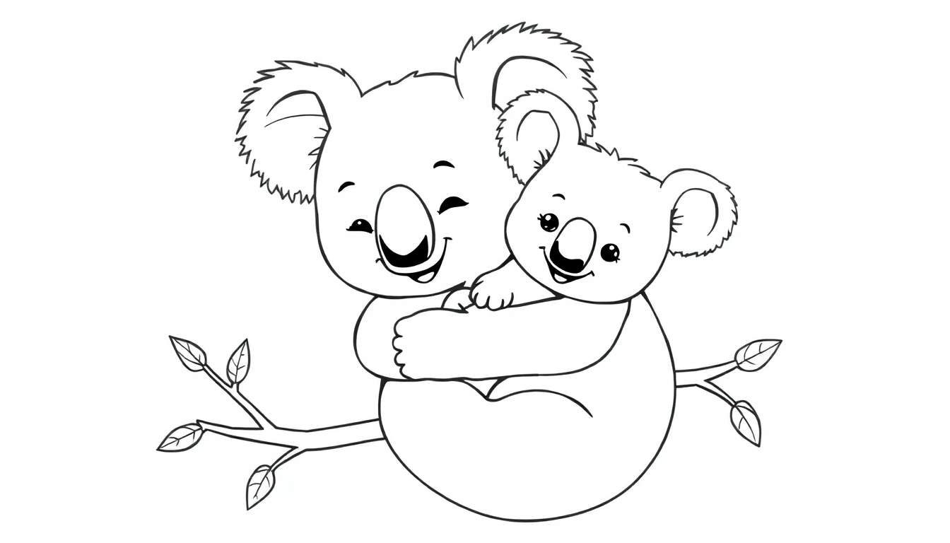 Maman koala et bébé koala sur une branche d'arbre, dessin au trait pour colorier.