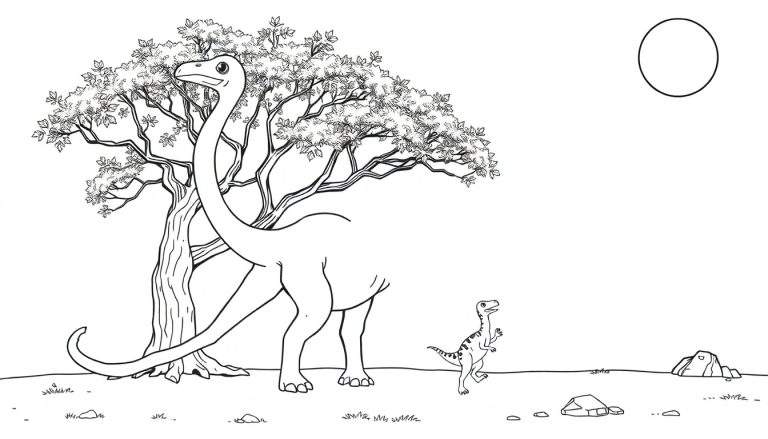 Dessin au trait d'un grand dinosaure au long cou se nourrissant près d'un arbre, avec un plus petit dinosaure à l'avant-plan. Le soleil est visible dans le ciel.