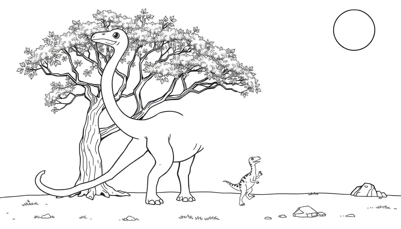 Dessin au trait d'un grand dinosaure au long cou se nourrissant près d'un arbre, avec un plus petit dinosaure à l'avant-plan. Le soleil est visible dans le ciel.