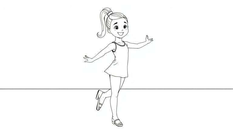 Dessin au trait d'une jeune fille souriante, les bras écartés, dans une robe sans manches et des sandales, avec une queue de cheval haute. Arrière-plan blanc.