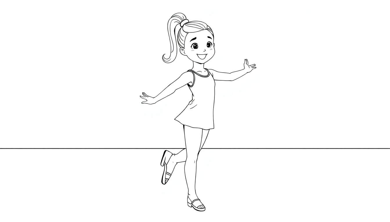 Dessin au trait d'une jeune fille souriante, les bras écartés, dans une robe sans manches et des sandales, avec une queue de cheval haute. Arrière-plan blanc.