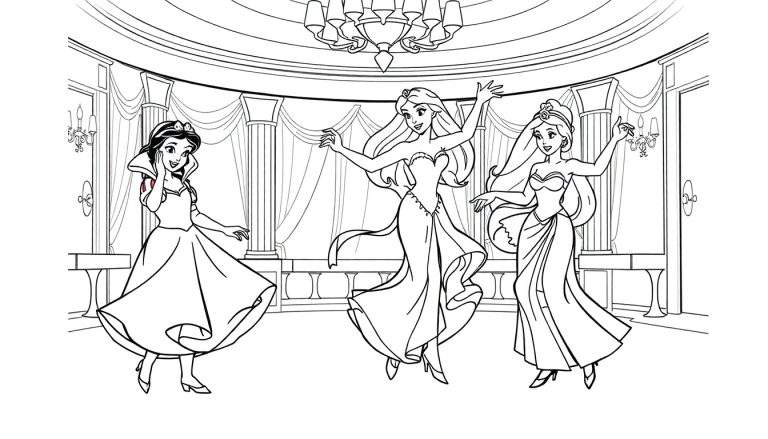 Une plaque couleur représentant trois princesses Disney dansant dans un bal.