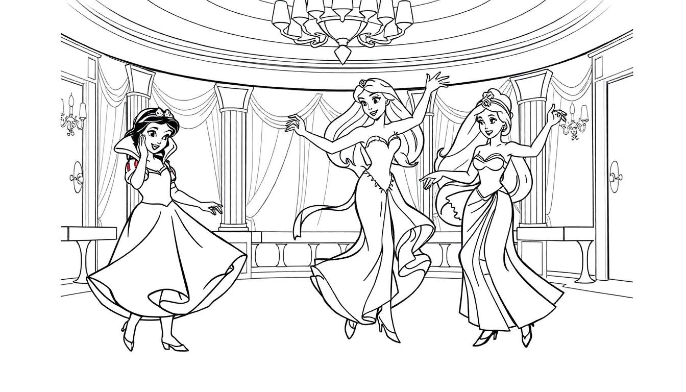 Une plaque couleur représentant trois princesses Disney dansant dans un bal.