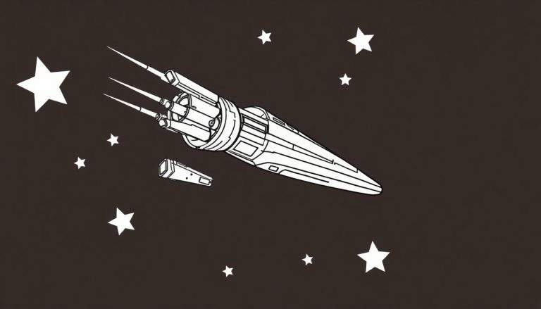 Dessin au trait d'un vaisseau spatial Star Wars blanc avec trois pointes moteurs sur fond brun avec des étoiles blanches. Un plus petit vaisseau est visible en bas à gauche. Ce dessin est un color panel.