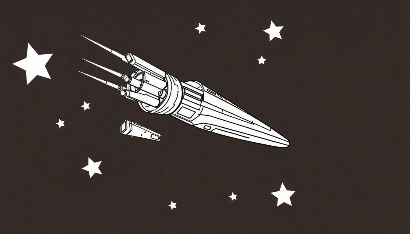 Dessin au trait d'un vaisseau spatial Star Wars blanc avec trois pointes moteurs sur fond brun avec des étoiles blanches. Un plus petit vaisseau est visible en bas à gauche. Ce dessin est un color panel.