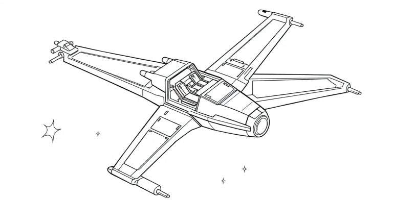 Un vaisseau spatial X-wing noir et blanc prêt pour l'action, avec des étoiles en arrière-plan.