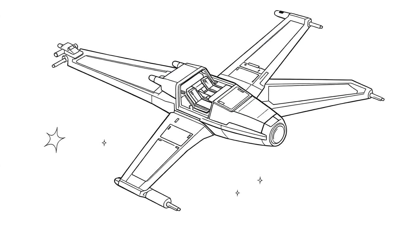 Un vaisseau spatial X-wing noir et blanc prêt pour l'action, avec des étoiles en arrière-plan.
