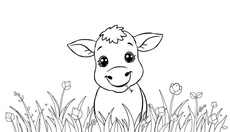 Un adorable veau mange de l'herbe dans un champ fleuri, parfait pour un color panel.