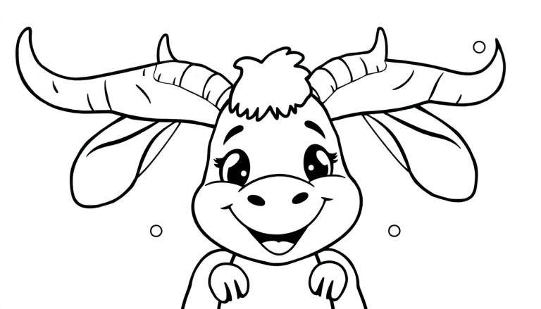 Un dessin au trait noir et blanc d'un adorable personnage de dessin animé ressemblant à un veau, avec de grandes cornes et une expression joyeuse.