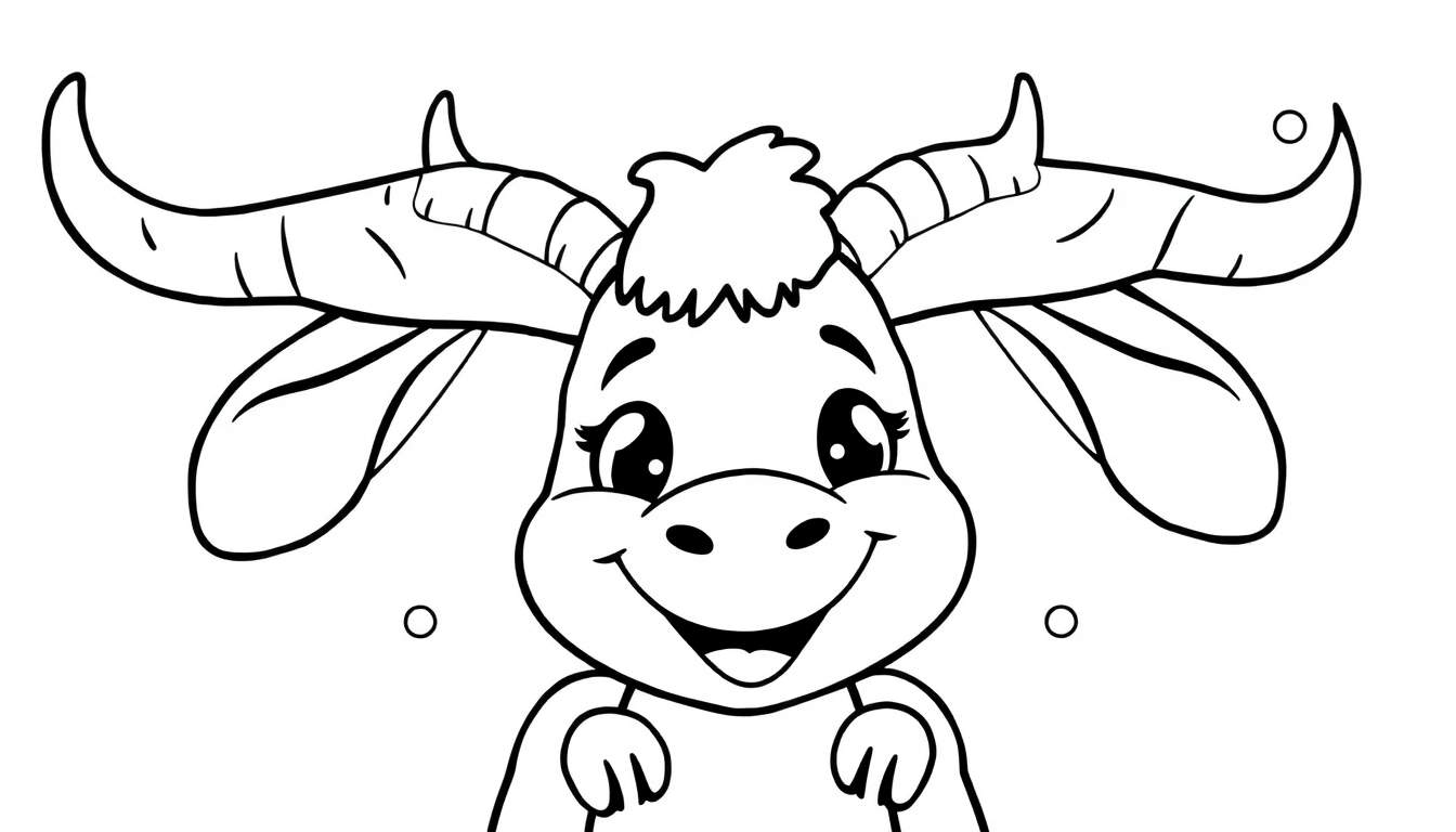 Un dessin au trait noir et blanc d'un adorable personnage de dessin animé ressemblant à un veau, avec de grandes cornes et une expression joyeuse.