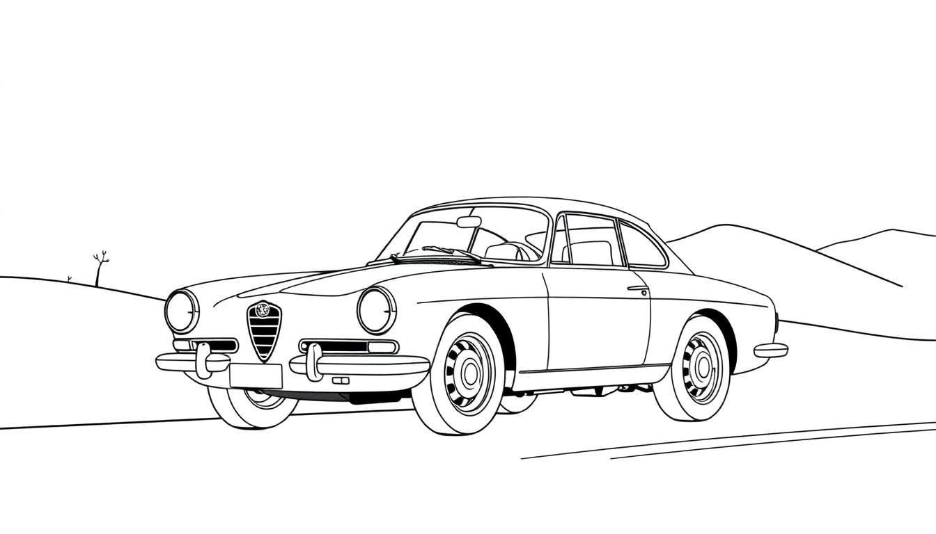 Illustration au trait noir et blanc d'une voiture de sport classique européenne, style coupé deux portes, avec une grande calandre et des phares ronds, sur une route de campagne avec des arbres et des collines. Parfait pour un color panel.