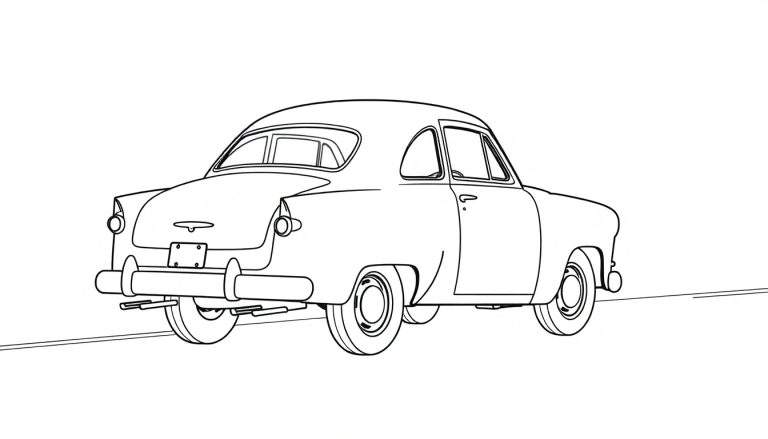 Dessin au trait d'une voiture classique Ford vue de l'arrière, prête à être coloriée avec un color panel.