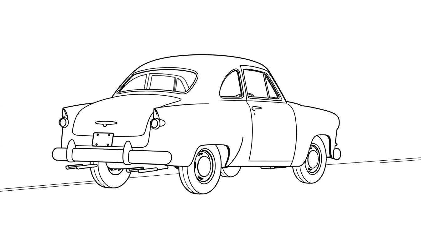 Dessin au trait d'une voiture classique Ford vue de l'arrière, prête à être coloriée avec un color panel.