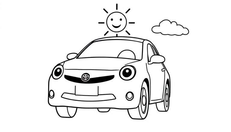 Dessin au trait d'une voiture Toyota noire et blanche avec un soleil souriant et un nuage, prêt pour une page de coloriage d'aventure.