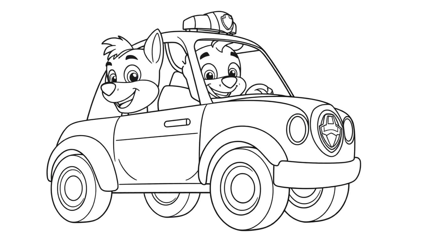 Dessin au trait noir et blanc d'une voiture de police avec deux personnages animaux souriants à l'intérieur, prêt pour un color panel.