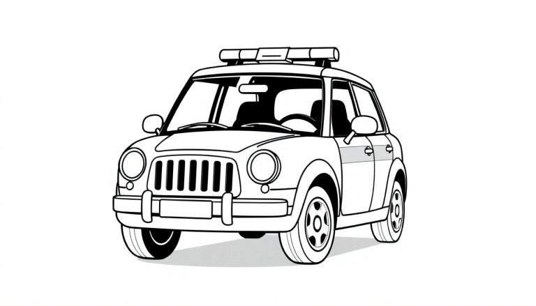 Voiture de police dessinée en noir et blanc, prête pour le color panel.