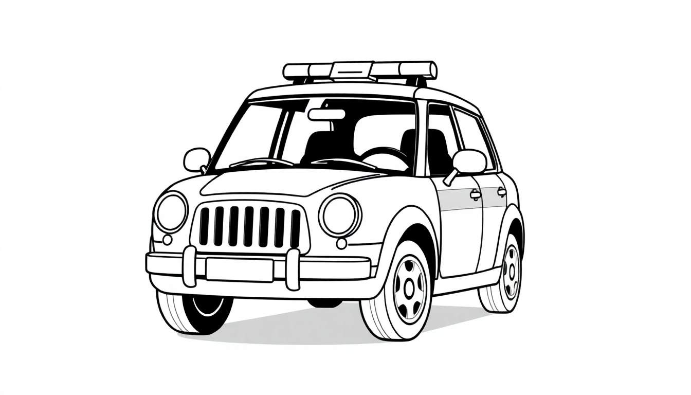 Voiture de police dessinée en noir et blanc, prête pour le color panel.