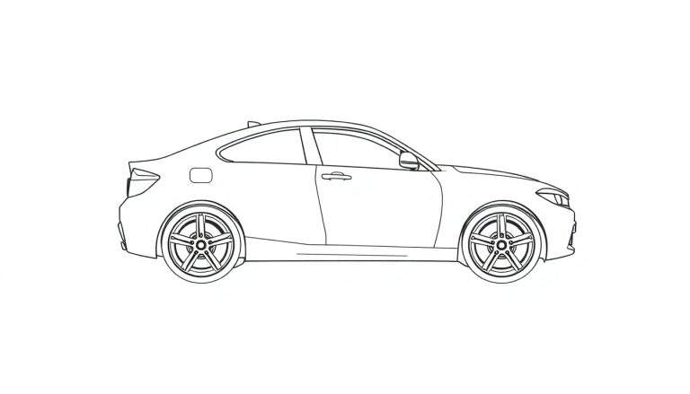 Une voiture de sport dessinée au trait, vue de profil, prête à être coloriée, avec un grand espace pour le color panel.