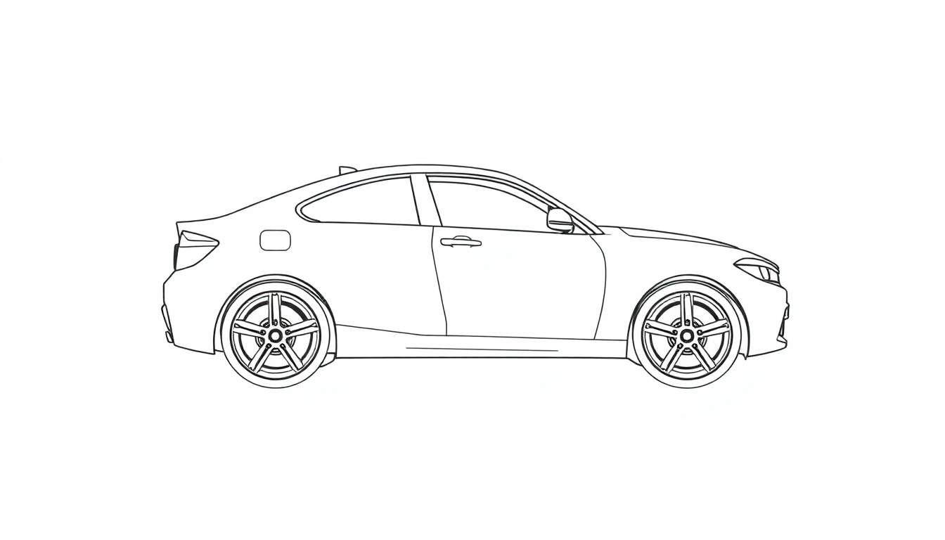Une voiture de sport dessinée au trait, vue de profil, prête à être coloriée, avec un grand espace pour le color panel.