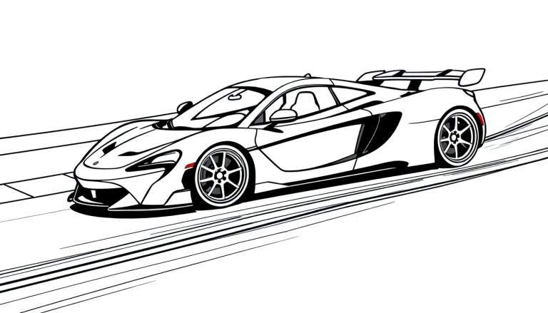 Page de coloriage noir et blanc d'une voiture de sport blanche McLaren en mouvement, style dessin au trait.