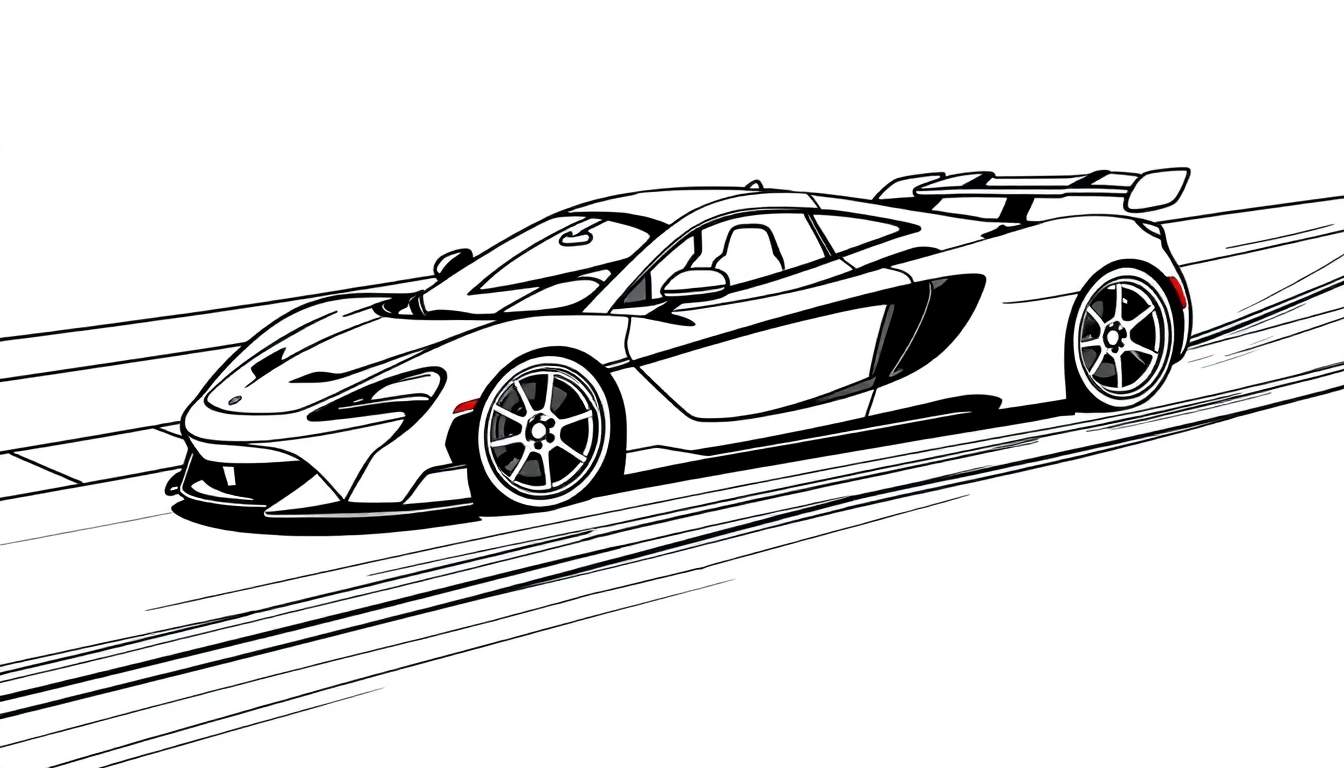 Page de coloriage noir et blanc d'une voiture de sport blanche McLaren en mouvement, style dessin au trait.