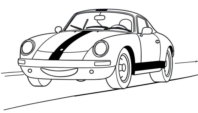 Dessin au trait d'une voiture de course classique, semblable à une Porsche 356, avec des rayures de course et des phares ronds. Page de coloriage noir et blanc.