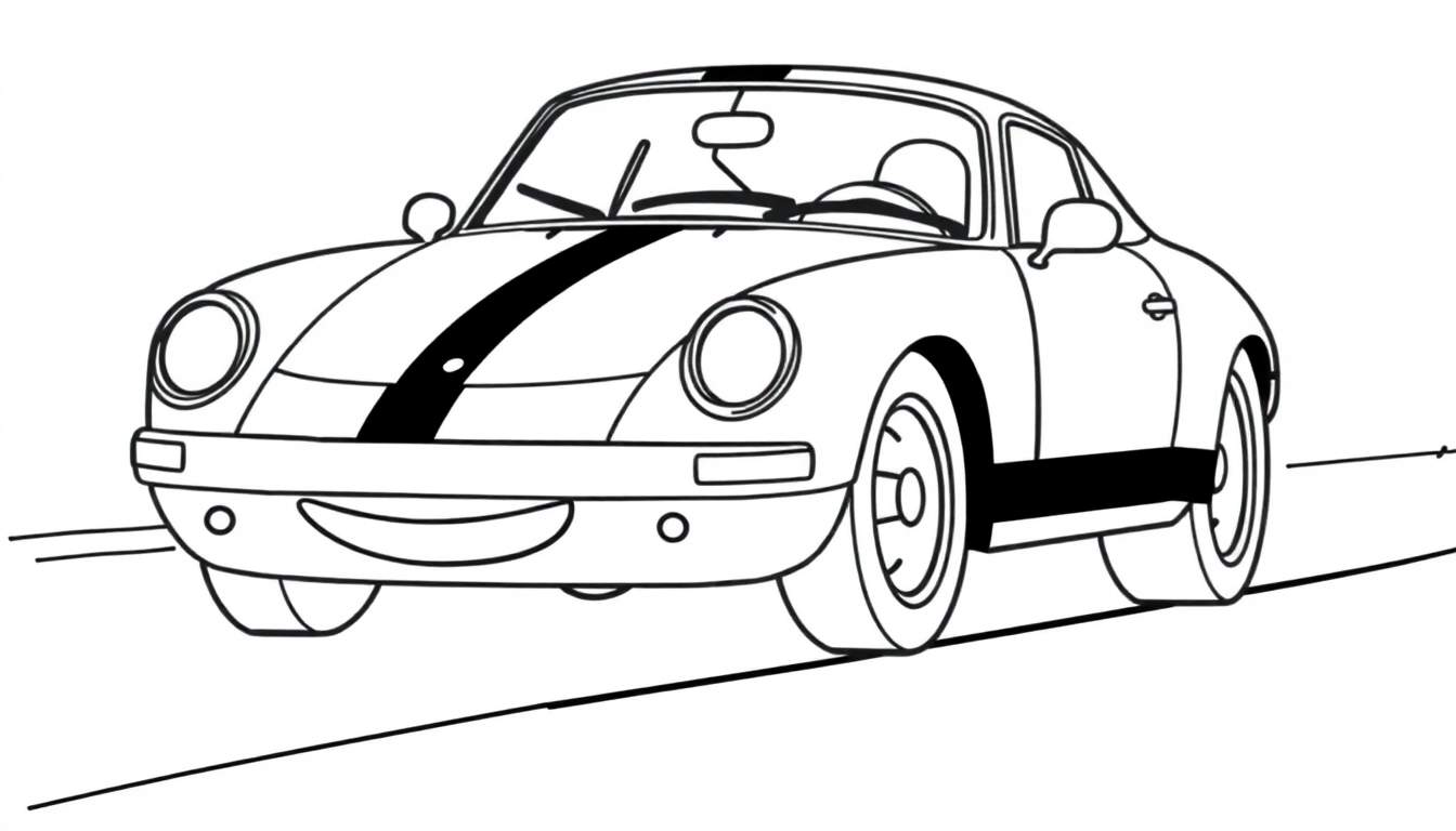 Dessin au trait d'une voiture de course classique, semblable à une Porsche 356, avec des rayures de course et des phares ronds. Page de coloriage noir et blanc.