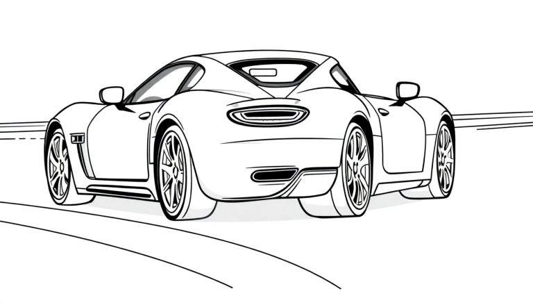 Dessin au trait d'une voiture de sport rouge vue de l'arrière, avec des détails sur les roues et les feux arrière, suggérant le mouvement.