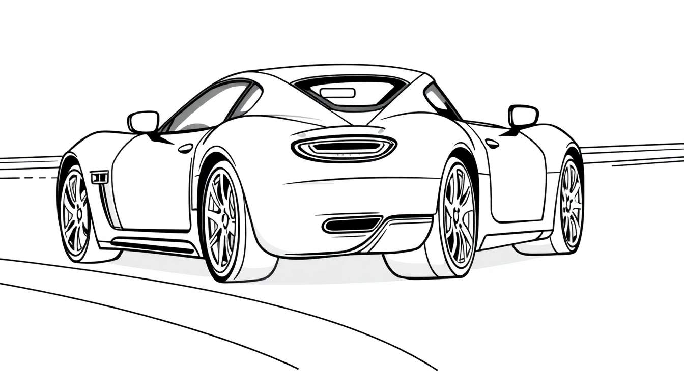 Dessin au trait d'une voiture de sport rouge vue de l'arrière, avec des détails sur les roues et les feux arrière, suggérant le mouvement.