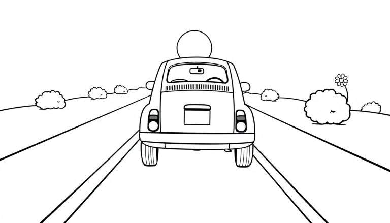 Une petite voiture Fiat 500 vue de l'arrière, conduisant sur une route simple en noir et blanc avec des buissons, faisant partie d'un color panel.
