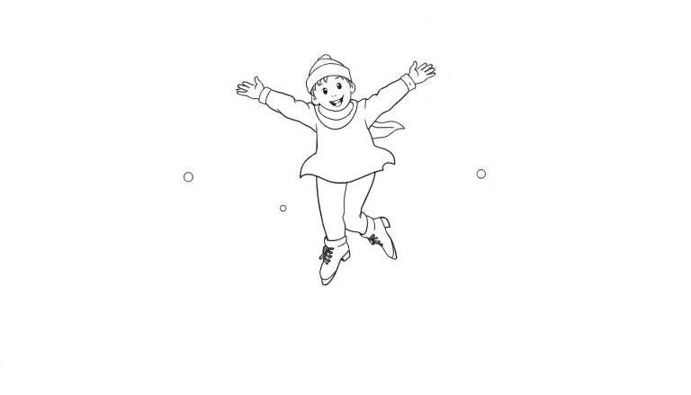 Dessin au trait d'une jeune fille patinant sur la glace, bras écartés en plein saut, avec des flocons de neige autour.