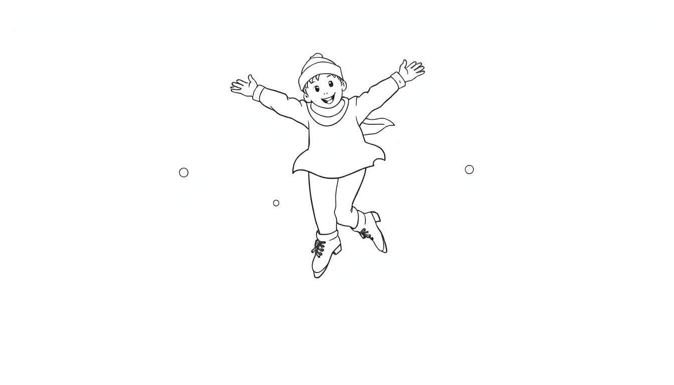 Dessin au trait d'une jeune fille patinant sur la glace, bras écartés en plein saut, avec des flocons de neige autour.