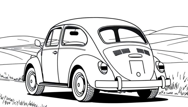 Dessin au trait d'une Volkswagen Coccinelle sur une route avec des collines, un color panel.