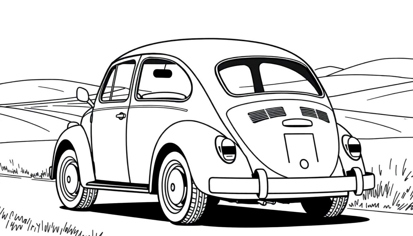 Dessin au trait d'une Volkswagen Coccinelle sur une route avec des collines, un color panel.