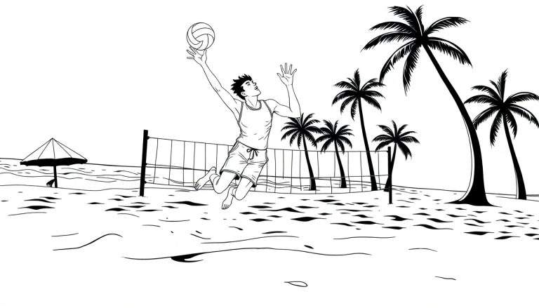 Dessin au trait d'un homme sautant pour frapper un ballon de volley-ball sur une plage, avec un filet et des palmiers en arrière-plan.