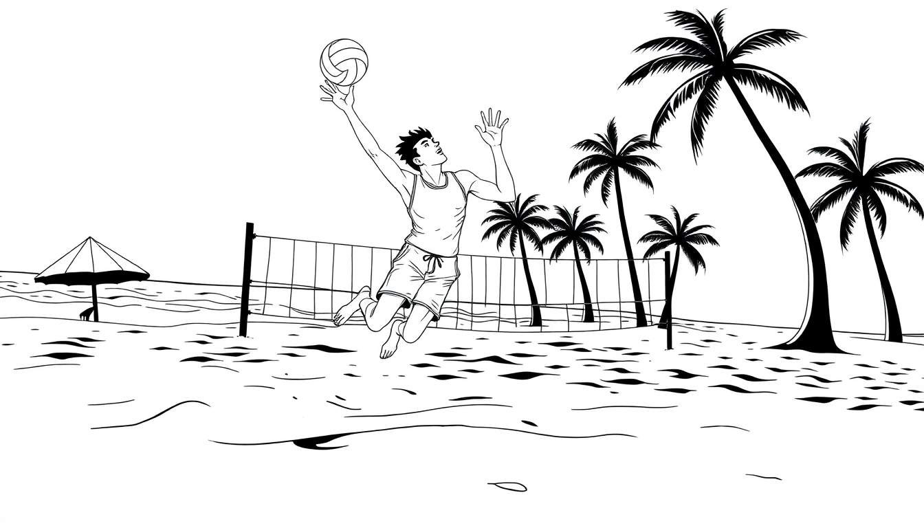 Dessin au trait d'un homme sautant pour frapper un ballon de volley-ball sur une plage, avec un filet et des palmiers en arrière-plan.