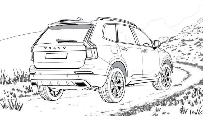SUV Volvo blanc de l'arrière sur un chemin de terre, prêt à être colorisé.